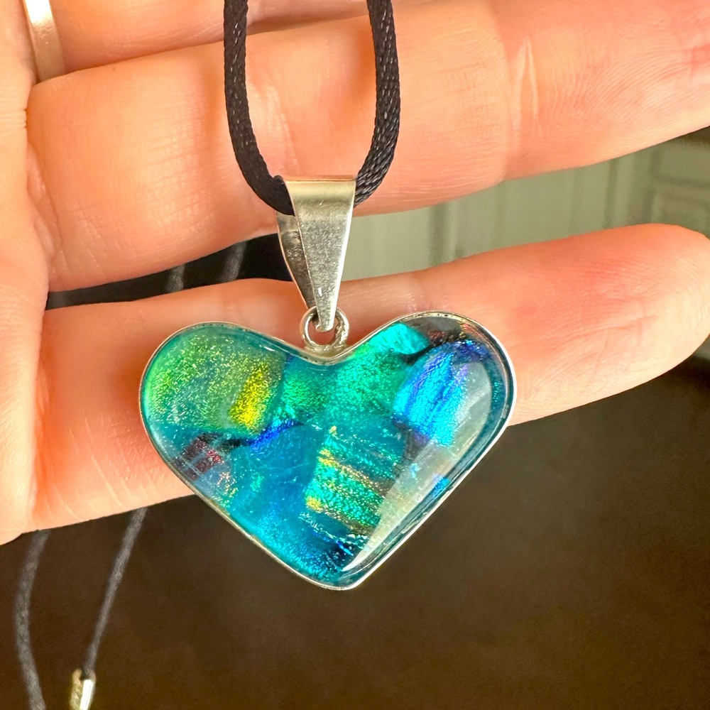 Solid Sterling, Signed, Dichroic Glass Pendant